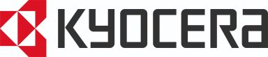 Logo von Kyocera mit rot-weißen geometrischen Formen und stilisierter Schrift.