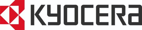 Logo von Kyocera mit stilisiertem Symbol und Schriftzug in Rot und Schwarz.